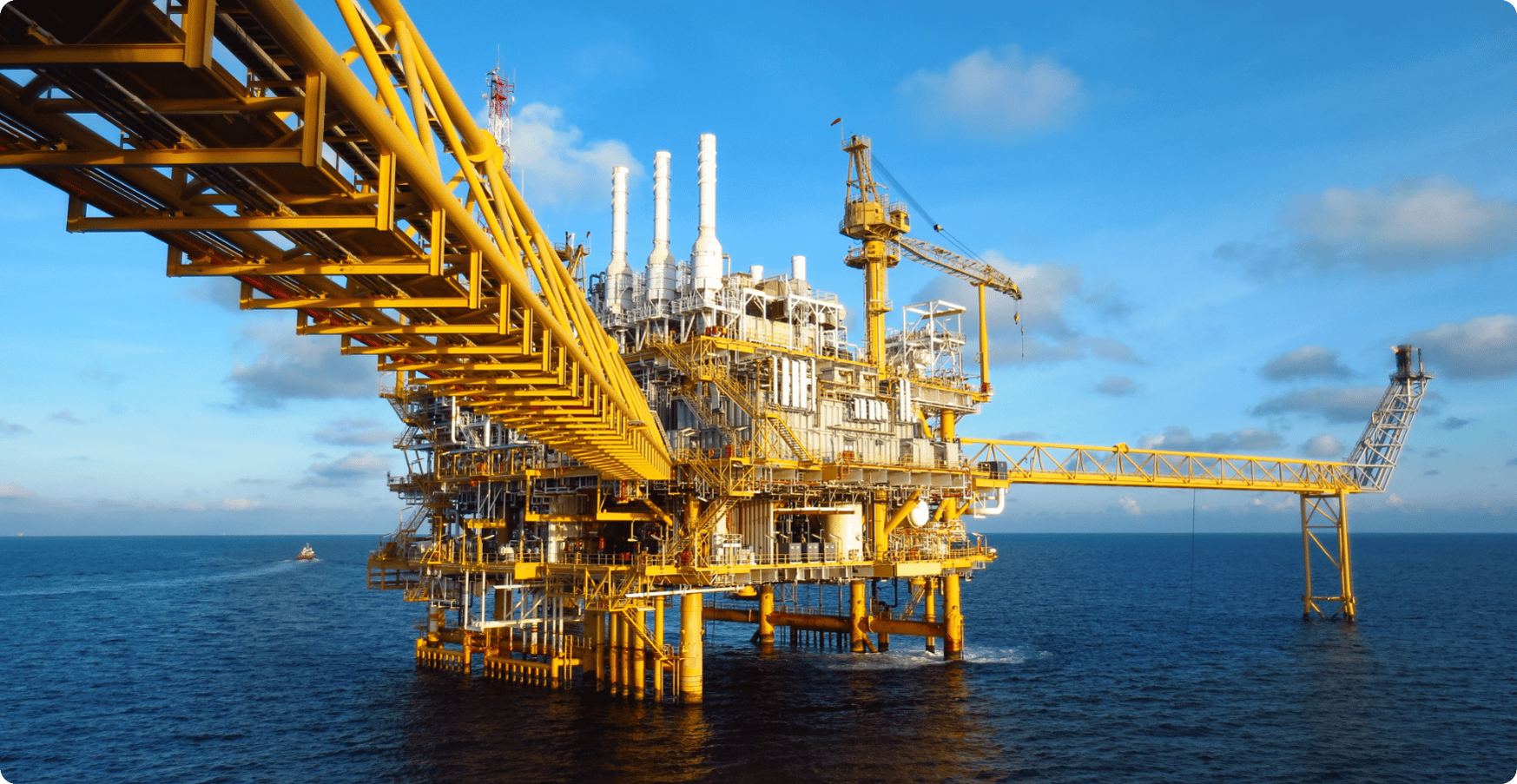 a yellow oil rig in the North Sea